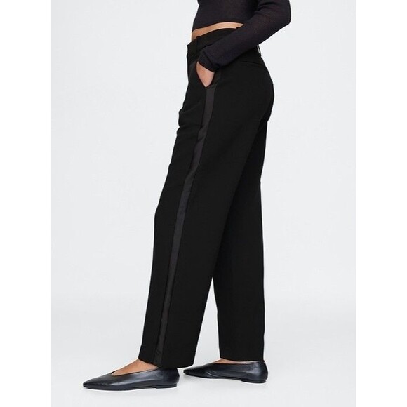 New Gap Tuxedo Pants 12 Tall 365 Mid Rise Satin Trim Straight Leg Trousers Black - Picture 1 of 8
